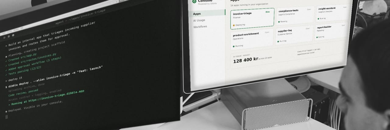 Developer building an app with an AI coding agent, deployed and managed in the Dibbla console